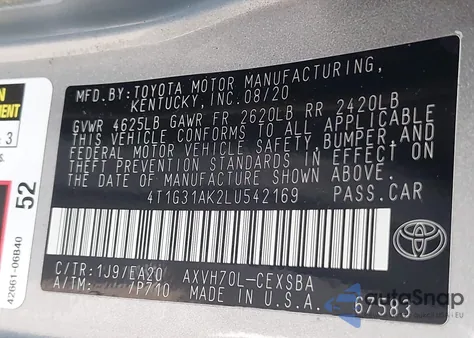 2020 Toyota Camry Se Hybrid from USA, damaged, VIN 4T1G31AK2LU542169